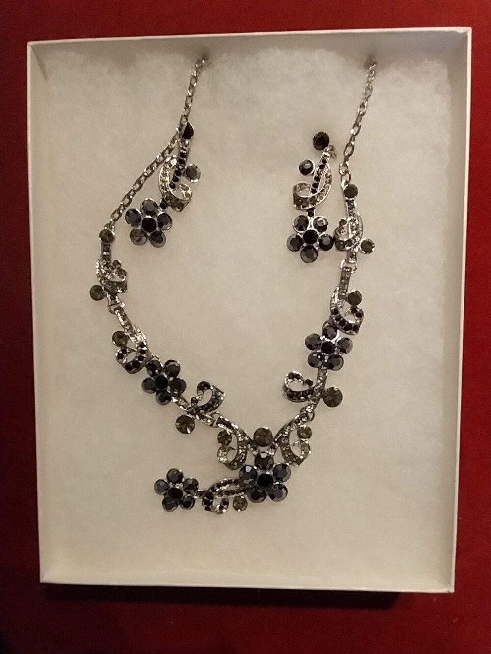 Silver-Tone Black Crystal Floral Necklace & Earring Set